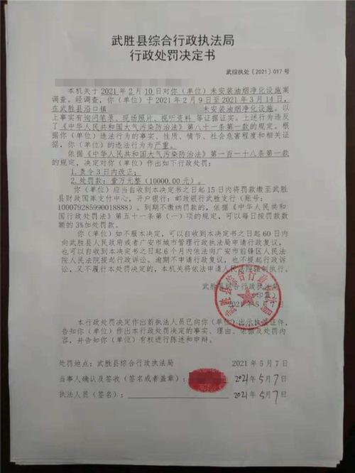 武胜县一烧烤店违规排放油烟被罚款